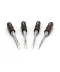 Rock Solid Mortise Chisel Set For Fine Woodworking And Shop Projects Featuring Tapered Cr Mn Steel Blades and beech grips.