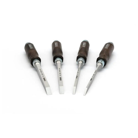 Rock Solid Mortise Chisel Set For Fine Woodworking And Shop Projects Featuring Tapered Cr Mn Steel Blades and beech grips.
