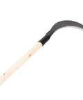 Long Handle Hand Scythe For Gardening And Weeding With Manganese Steel Blade Black Half Moon Grass Cutter Manual Weeder Tool For Lawn And Garden Maintenance Easy Weed Puller For Yard Work, showing wooden handle and curved steel blade on white background.