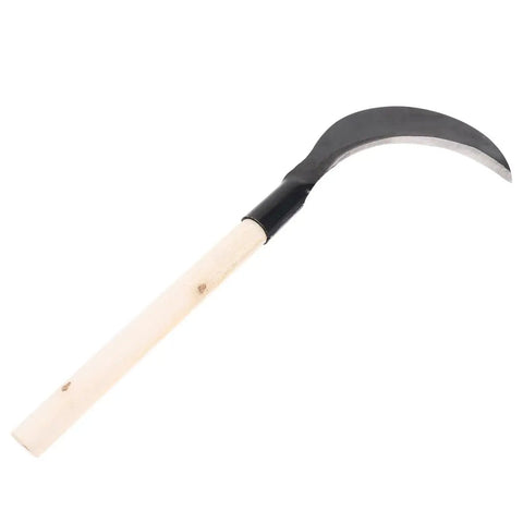 Long Handle Hand Scythe For Gardening And Weeding With Manganese Steel Blade Black Half Moon Grass Cutter Manual Weeder Tool For Lawn And Garden Maintenance Easy Weed Puller For Yard Work, showing wooden handle and curved steel blade on white background.