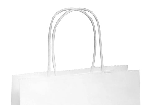 Close-up of twisted handles on Custom Printed White Kraft Paper Bags 16 By 6 By 12 Inches With Twisted Handles Square Bottom Stand Up Design 100 Pack For Shopping Gifts Parties Merchandise Trade Shows And Events.