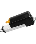 Side view of a black 12V high-force linear actuator with orange end knob and silver mounting rail.