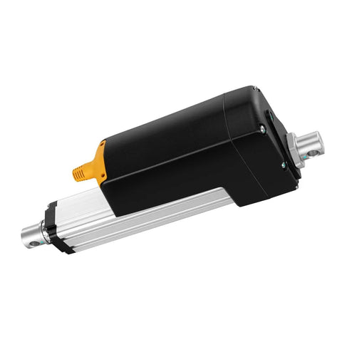 12V ultra high force linear actuator, black housing with orange end cap, 18-inch stroke.