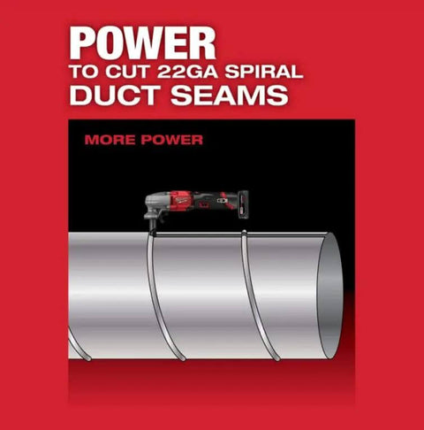 Image showing M12 FUEL 16 Gauge Variable Speed Nibbler Tool Only cutting 22-gauge spiral duct seams, highlighting its power and precision.