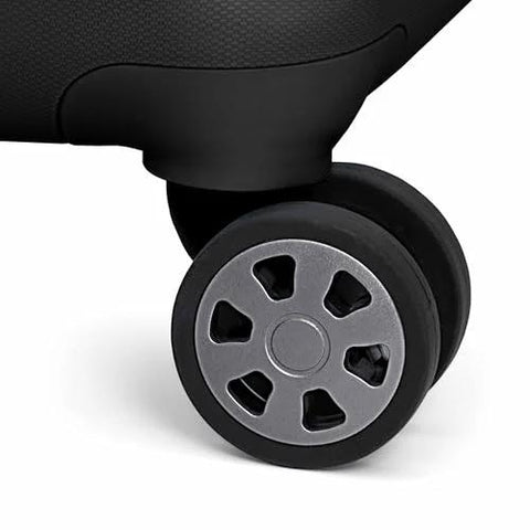 Traveler's Choice Pagosa luggage spinner wheel close-up on black hardshell carry-on