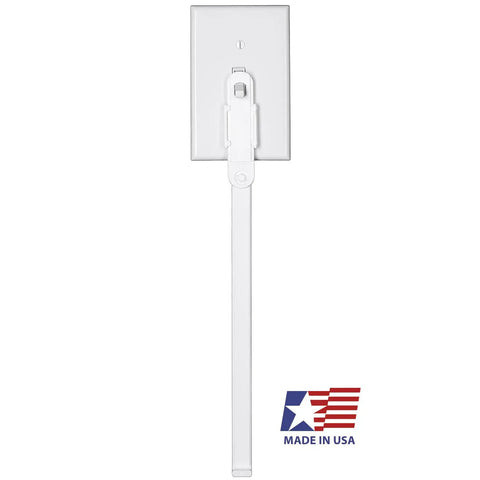 Kid Friendly Light Switch Extender Two Pack Fits All Standard Toggle Switches Made In USA Ideal For Nursery Bathroom Kitchen Playroom Hallway Solves The No More Climbing On Furniture Problem And Lets Little Ones Reach Lights Safely, shown on white background with USA flag symbol