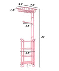 Pink Floor Standing Toilet Paper Holder With Extra Shelf And Back Up Storage Dispenser For Bathroom Holds Four Mega Rolls Plus Space For Phone And Wipes Easy Access Toilet Tissue Organizer, side view, dimensions labeled.