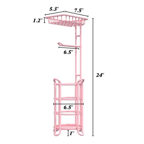 Pink Floor Standing Toilet Paper Holder With Extra Shelf And Back Up Storage Dispenser For Bathroom Holds Four Mega Rolls Plus Space For Phone And Wipes Easy Access Toilet Tissue Organizer, side view, dimensions labeled.