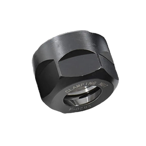 Precision ER 20A Thread Collet Clamping Hex Nut Made From Hardened Alloy Steel Withstands High Temps, shown from an angle.