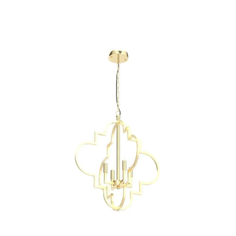 Golden Orb Chandelier Four Light Pendant Ceiling Fixture In Candle Style Geometric Design, gold finish, hanging view.