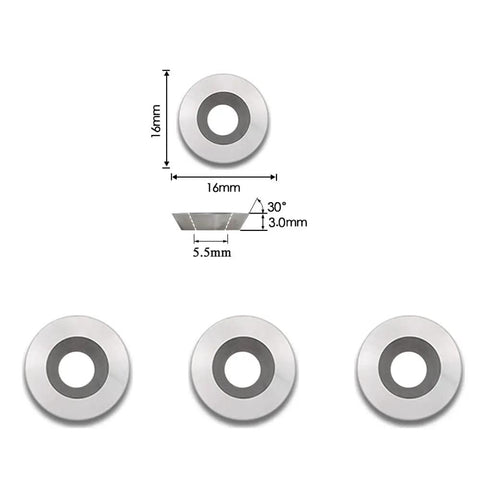 Ten Pack 16mm Round Carbide Inserts For Woodturning Lathe Finisher Tools R16x3mm 30 Degree Cutting 3mm Thick With Countersunk Hole Fits Ci0 Full Size And Pro Series Easy Finishers diagram and inserts.