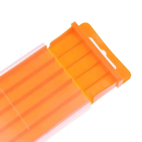 Close-up of an orange plastic drill bits storage box with pull-out design for twist drills and tap accessories, showing thickened build.