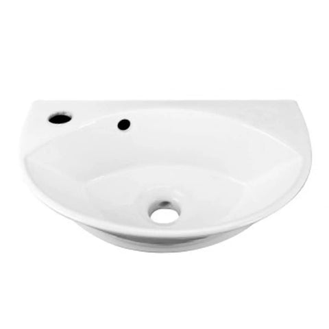 Small Wall Mounted Bathroom Sink 17 Inch White Ceramic Oval Basin With Porcelain Coated Finish Floating Wall Hung Design Overflow Single Faucet Hole On Left Side Space Saving Go To Modern Fixture For Small Bathrooms Easy Install