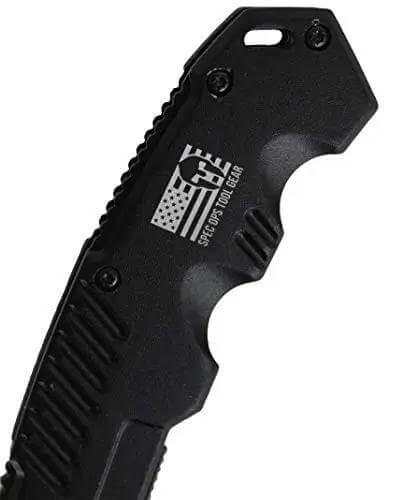 Close-up of black handle on Spring Assisted Folding Knife With A 3.5 Inch Steel Blade, Beefy Grip, Fast Deploy One Hand Open