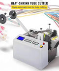 Top Tier 250W Automatic Heat Shrink Tube Cutter High Precision Electric Pipe Cutting Machine showing digital controls and spool.
