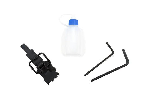 Accessories for 4-In-1 Pneumatic 18-Gauge Flooring Nailer, including adapter, oil bottle, and hex keys on white background.
