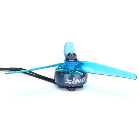 Front view of XING2 2207 FPV Brushless Motors 1855KV 6S with blue propeller for FPV racing drones.