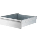 Heavy Duty Prep Work Table Drawer With Slick Ball Bearing Slides 22 X 20 Inches stainless steel front showing inside and side view.
