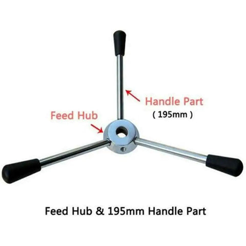 Heavy Duty Cnc Drill Press Handle Bar Set With Feed Hub Wheel showing 195mm handle part with rubber grips and metal feed hub.