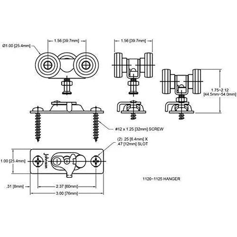 Technical diagram of Pocket Door Hanger Ball Bearing 1125 1 Inch Wheel For Sliding Doors, 200 Lb Capacity, Top Mount Hanger