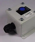Used Industrial Control Panel Enclosure E1PBG SPL shown with rugged steel box and blue button, ideal for OEM and DIY projects.