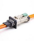 Hella Tough 2 Pin High Voltage EV Charger Plug 35A Max Metal Shield Female Socket IP67 Waterproof Straight Power Connector close-up.