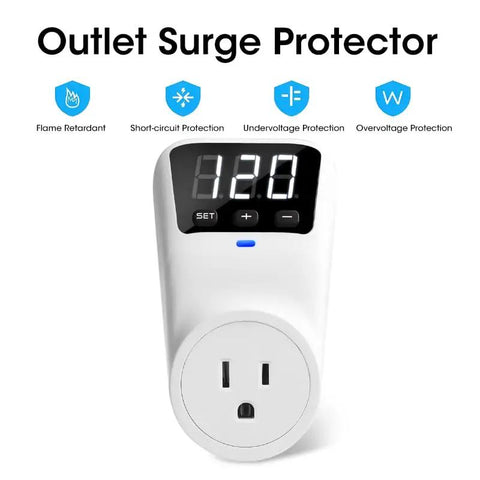 Wall Mount Surge Protector With Voltage Stabilizer And Real-Time Monitoring Fireproof UL94V-1 For Refrigerator TV And Heavy-Duty Appliances Custom Voltage 80V-140V showing LED display and outlet.