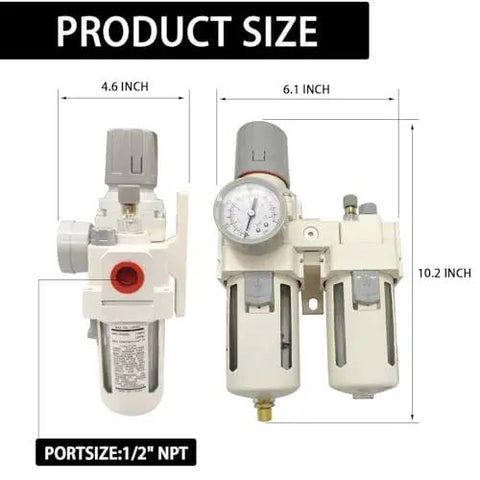 Dual Half Inch NPT Air Filter Regulator Lubricator All In One with gauge, dimensions 4.6 x 6.1 x 10.2 inches, bracket shown