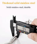 Close-up of Premium Heavy Duty Stainless Steel Sliding Barn Door Latch measuring 94mm with a caliper for precise sizing.
