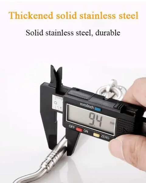 Close-up of Premium Heavy Duty Stainless Steel Sliding Barn Door Latch measuring 94mm with a caliper for precise sizing.