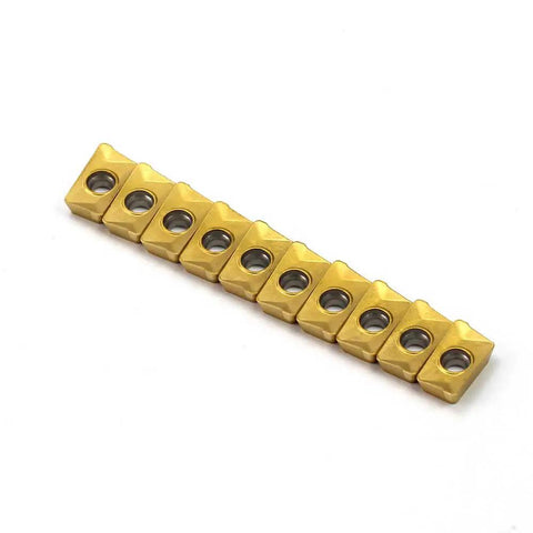 Carbide Inserts APKT11T308 For Face Milling And End Milling APKT Style Inserts Workhorse With 0.256 Inch Width 0.142 Inch Thickness Radius One Thirty Second Inch 0.110 Inch Hole 10 Pieces Set For Finishing And Roughing On Alloy Stainless Steel, front view of 10-piece set