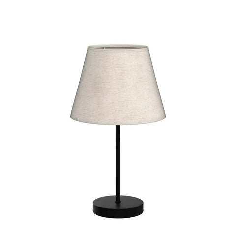 Single modern bedside lamp with ivory white barrel fabric shade and black metal base, part of Two Pack Bedside Table Lamps Set for Bedroom and Living Room.