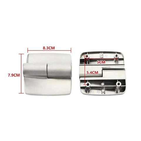 Heavy Duty 304 Stainless Steel Two Piece Automatic Closing Glass Shower Hinges With Brushed Finish Detachable Design measuring 8.3cm x 7.9cm.