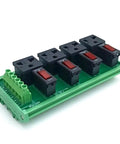 Din Rail Mount AC Power Strip With Four 120 Volt Grounded Receptacles Rock Solid 10 Amp Overload Protection, green panel with outlets.