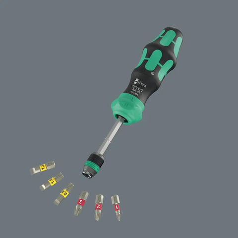 Compact Ratchet Screwdriver Set 25 RA R with Pouch, 6 Piece, shown with six labeled BiTorsion bits on gray background.