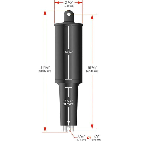 Diagram of Beefy Extreme Duty 12V Actuator with Two and a Quarter Inch Stroke and Three Eighths Inch Hardware showing dimensions