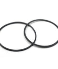 Close-up view: two black rubber O-ring seals for hydraulic log splitter cylinder rebuild kit (4.5 in bore x 1.75 in rod)