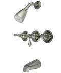 Tub And Shower Faucet With 3 Lever Handles In Satin Nickel Finish 5 Inch Spout Reach Built To Last Brass Construction Pressure Balanced Washerless Cartridge Metal Lever Handle Modern Style With 2.0 GPM Flow At 80 PSI Title 20 Compliant