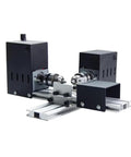 Mini 110-220V Dual Motor Lathe For Drilling And Grinding with adjustable tailstock and dual motors on aluminum frame.