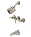 NuvoFusion Three Handle Tub And Shower Faucet With Five Inch Tub Spout In Brushed Nickel Wall Mount Ready For Modern Bathrooms