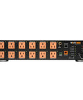 Top Shelf Power Conditioner Board Featuring Twelve Remotely Managed Network Outlets With Heavy Duty Surge Absorption And Live Amp Draw Tracking For Your Badass Home Theater Setup, front view showing outlets and controls.