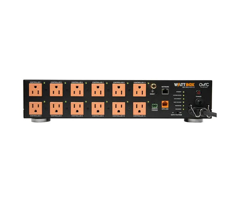 Top Shelf Power Conditioner Board Featuring Twelve Remotely Managed Network Outlets With Heavy Duty Surge Absorption And Live Amp Draw Tracking For Your Badass Home Theater Setup, front view showing outlets and controls.