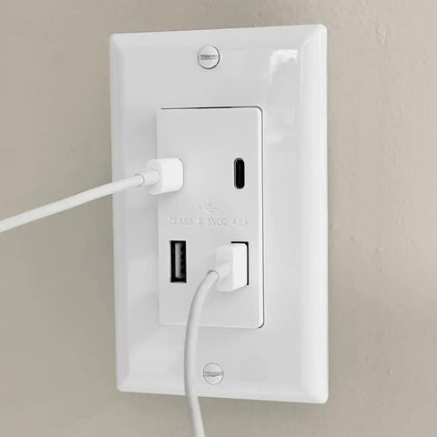Four USB Ports Wall Outlet With Two USB Type C And Two USB Type A High Speed Charging, Vertical Multi Plug Socket, Wall Plate Included, White