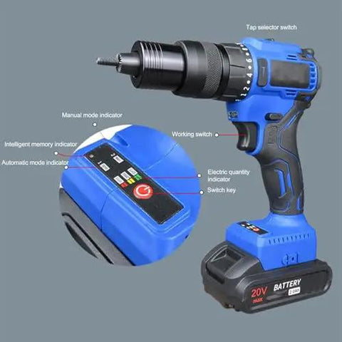 Electric Cordless Rivet Nut Gun With Brushless Motor And 4000 Mah Battery for various settings, showing controls and battery.