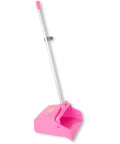 Straight Up Heavy Duty Standing Floor Dustpan With Thirty Inch Aluminum Handle And Serrated Comb Edge For Total No Sweat Commercial Cleanup And Daily Facility Sweeping Pink, side view with pink dustpan and aluminum handle.