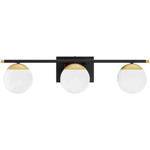 Three Light Mid Century Modern Vanity Light With Sleek Dope Black And Gold Finish And Milky Glass For Bathroom 24 Inch Long