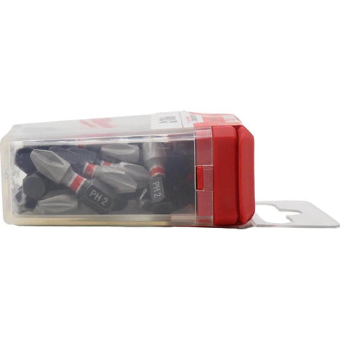 Milwaukee PH2 Shockwave insert bit set in clear plastic case, 25-pack, side view.