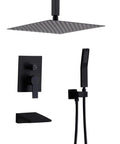 Shower Faucet Set, 12-Inch Rainfall Head, Handheld and Valve, Matte Black assembled with ultra-thin overhead shower head.