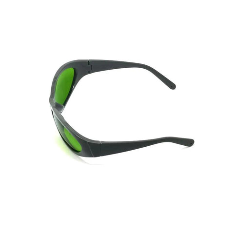 Heavy Duty Laser Safety Glasses With Crystal Clear Lenses Providing Straight Up Protection Against 660nm And 800 To 1095nm Wavelengths Featuring OD5 Rating For Labs And Clinics, gray frame with green filters.