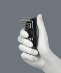 Hand holding Tool Check Modular Hex Keys Set With Hex Plus Profile, 7 Piece L Keys For Hex Socket Screws, chrome plated.
